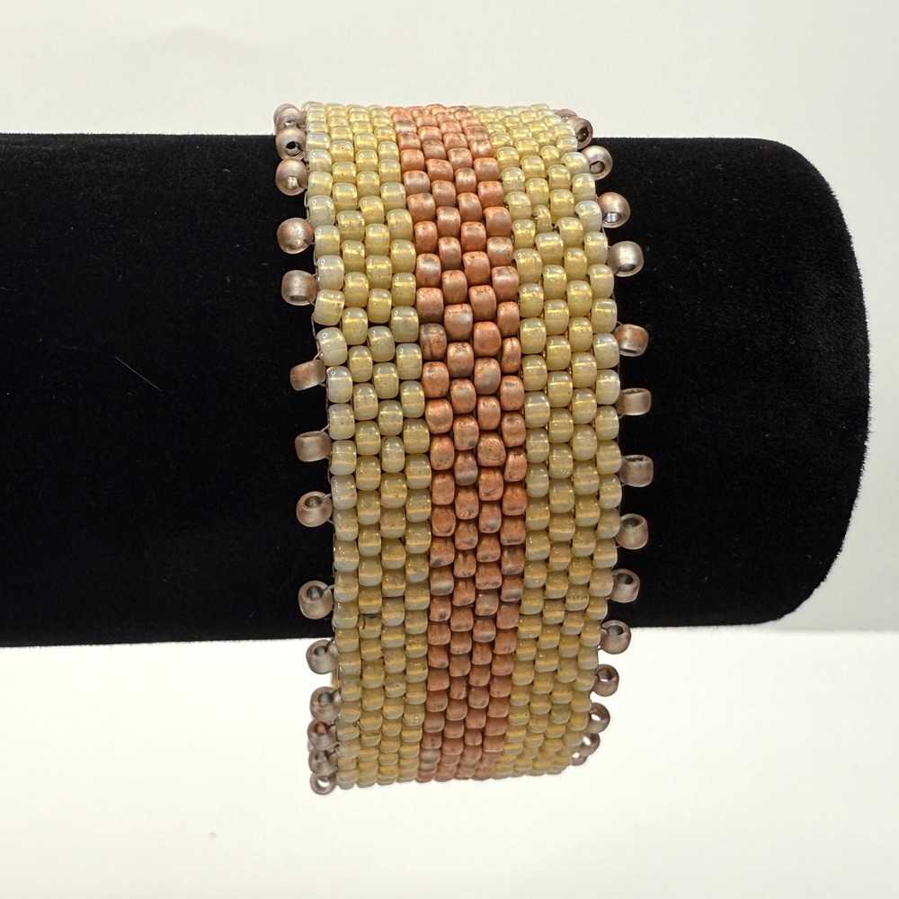 Handmade Seed Beaded Bracelet Gold Copper Cuff Fashion Jewelry Wrist Sz 7.5